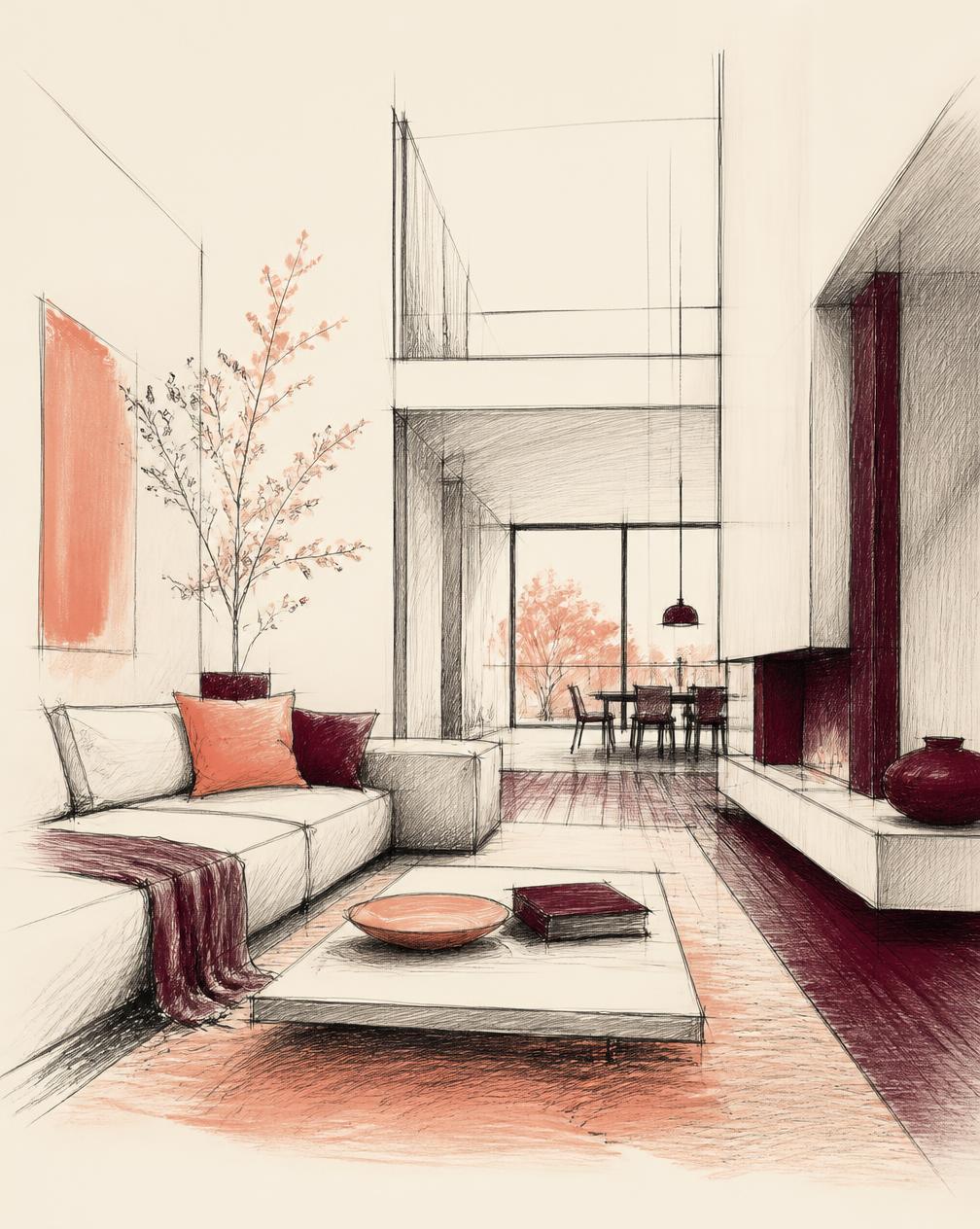 Hand-drawn interior perspective sketch in burgundy and coral tones