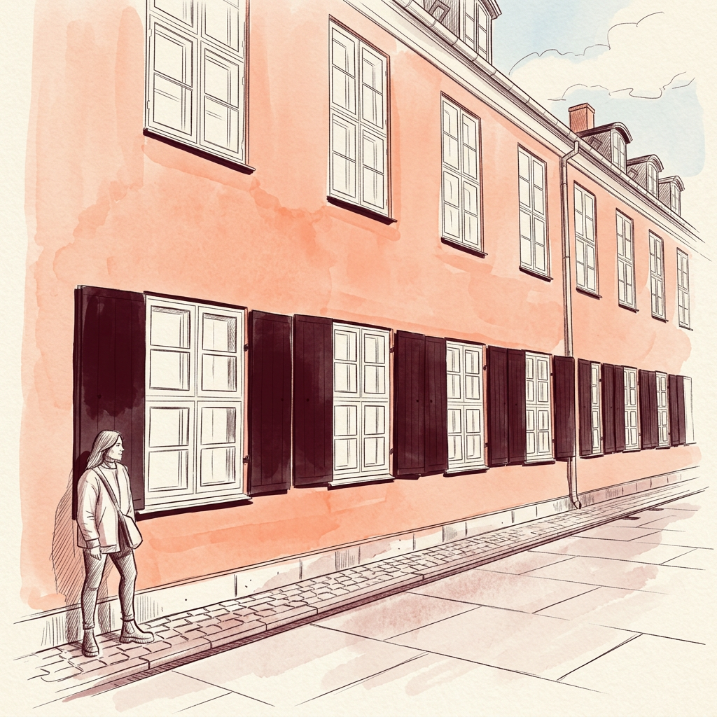 Hand-drawn sketch of a European street facade in coral and burgundy brand tones with a figure standing by a doorway