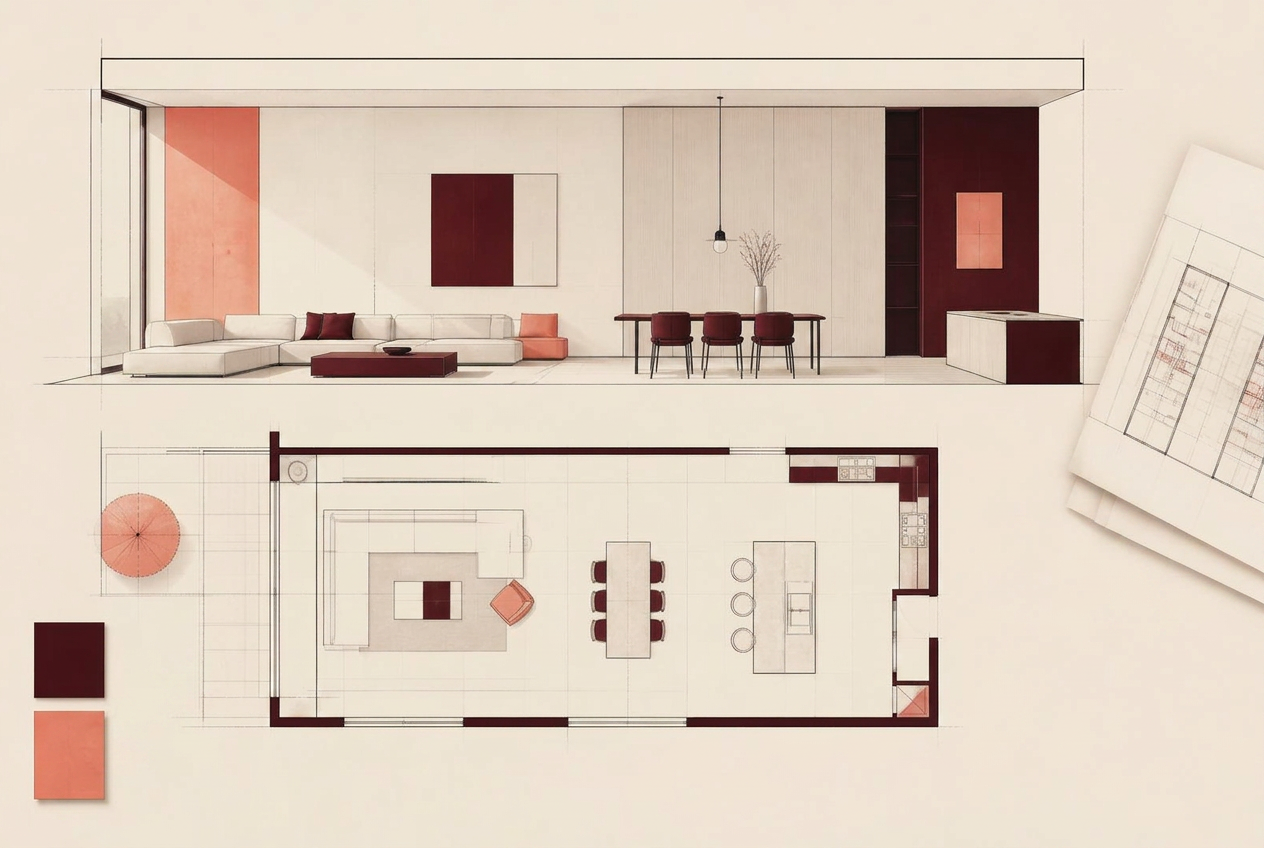 Hand-drawn interior elevation sketch with coral and burgundy washes beside fabric and stone samples